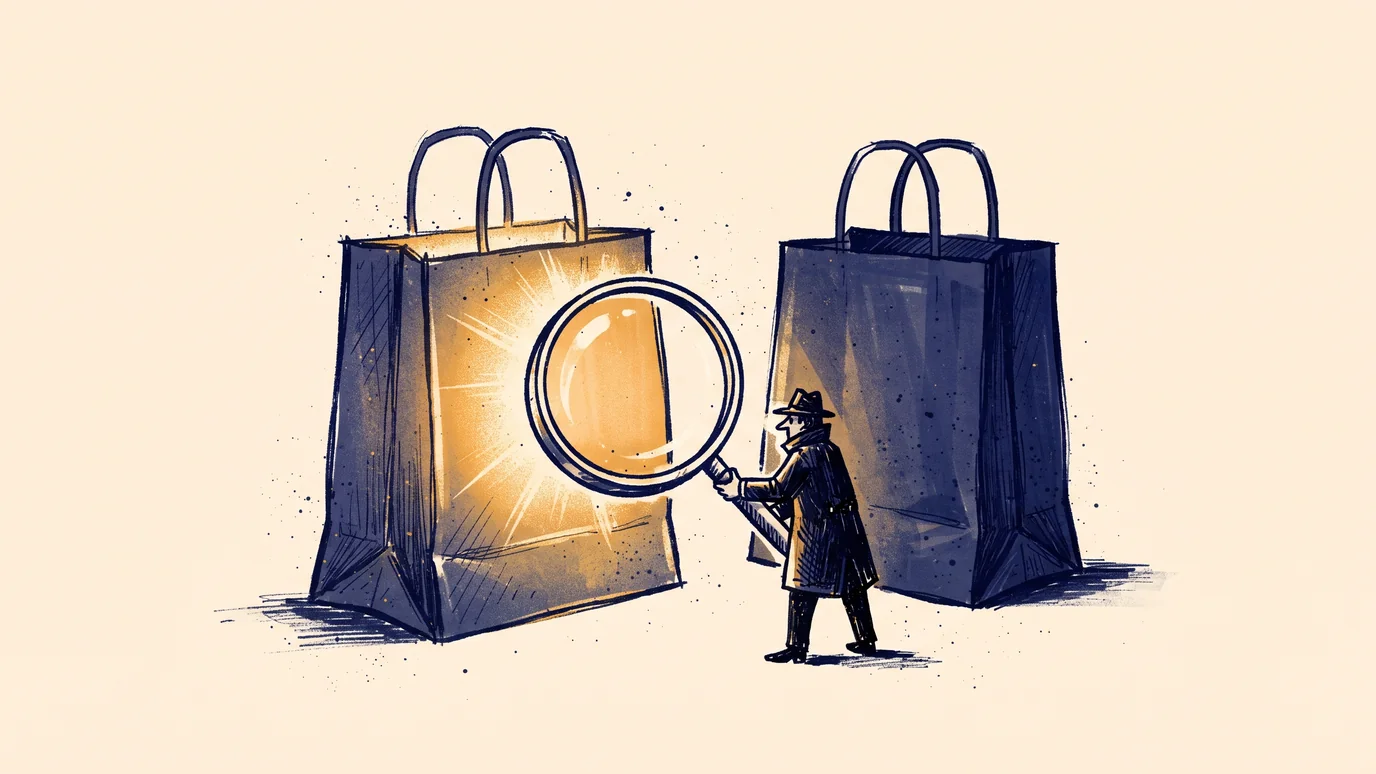 Ilustracja: detektyw z lupą bada dwie identyczne torby zakupowe — jedną świecącą (grupa z reklamą), drugą przygaszoną (grupa kontrolna) — tropiąc realny przyrost sprzedaży