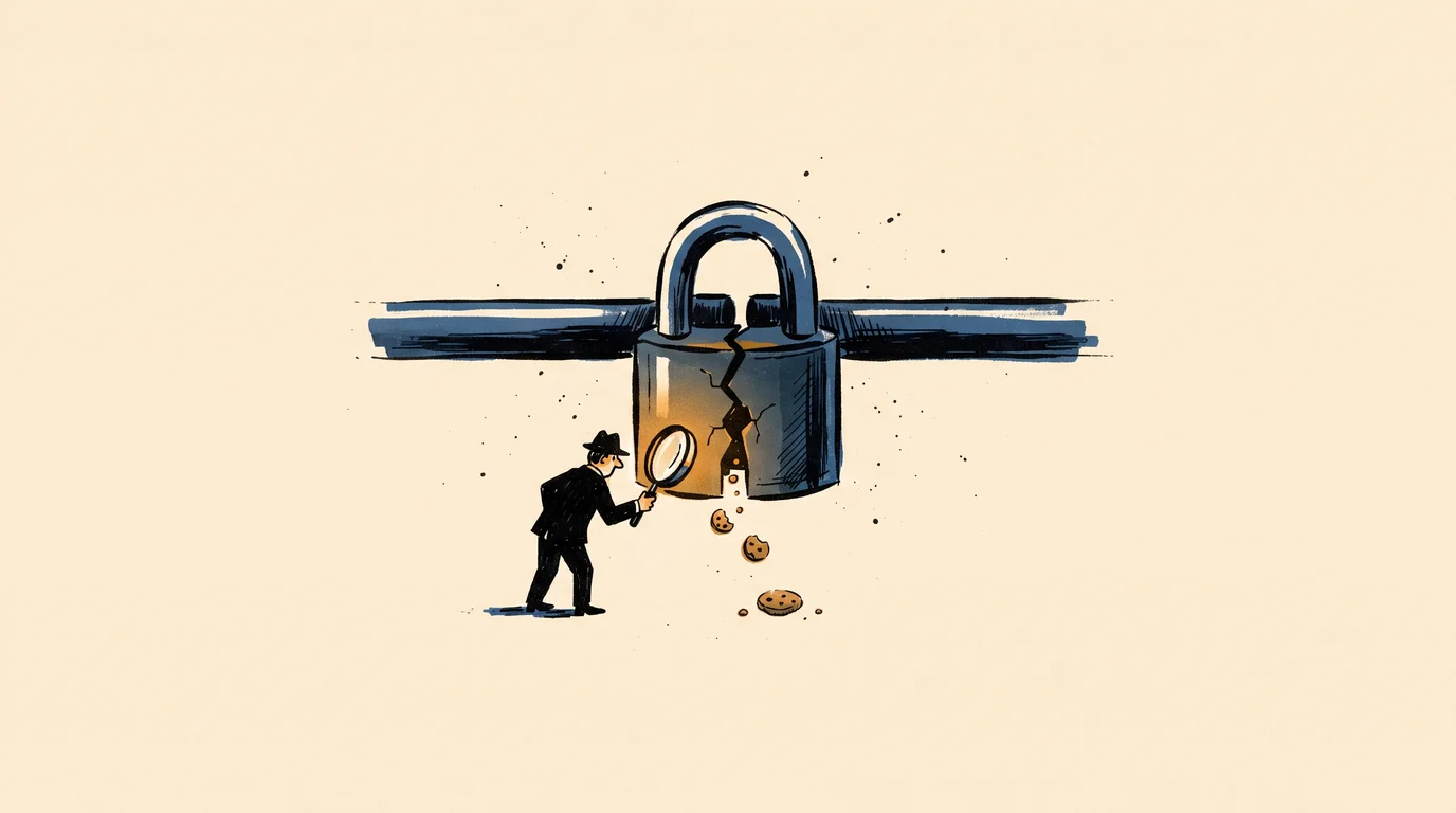 A detective with a flashlight examines a row of closed padlocks hanging on tracking scripts, checking which ones are genuinely blocked before consent — risograph-style illustration