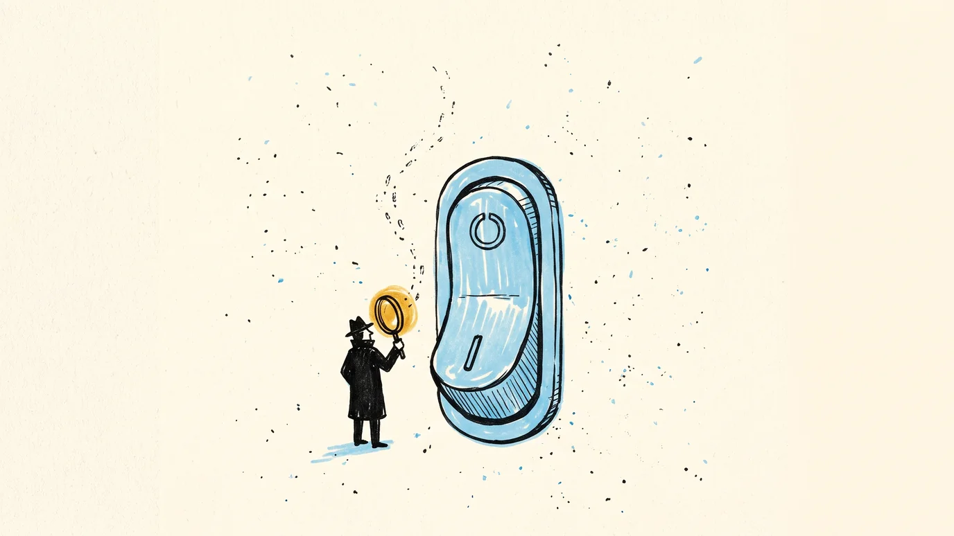 Ilustracja: detektyw z lupą bada przełącznik zgody na cookies i tropi ślad anonimowych sygnałów unoszących się znad niego