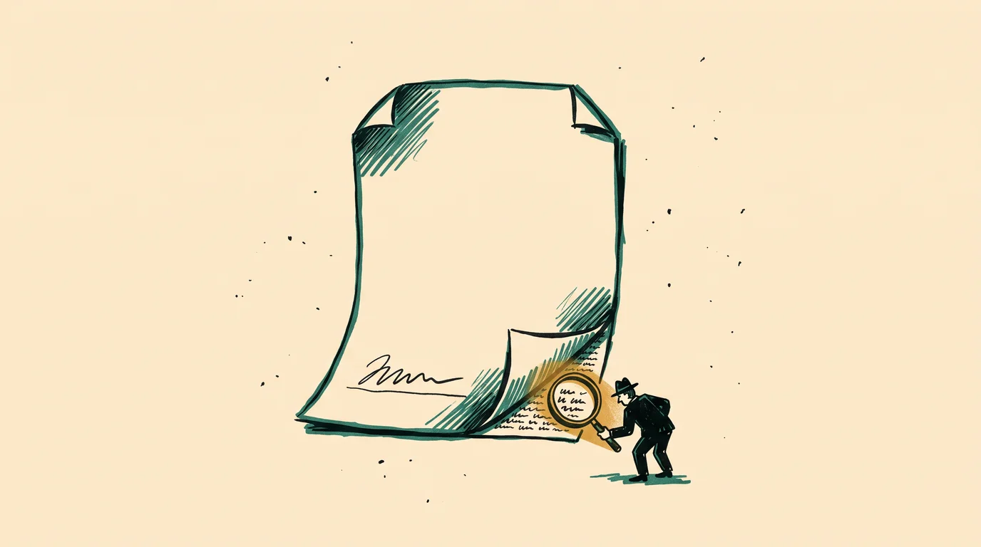Magnifying glass over an SEO contract revealing fine print at the bottom of the page