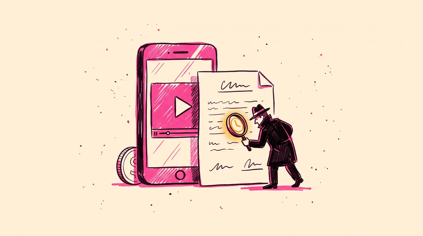 Magnifying glass over a license agreement next to a phone with a video, pointing to the usage rights period of the material