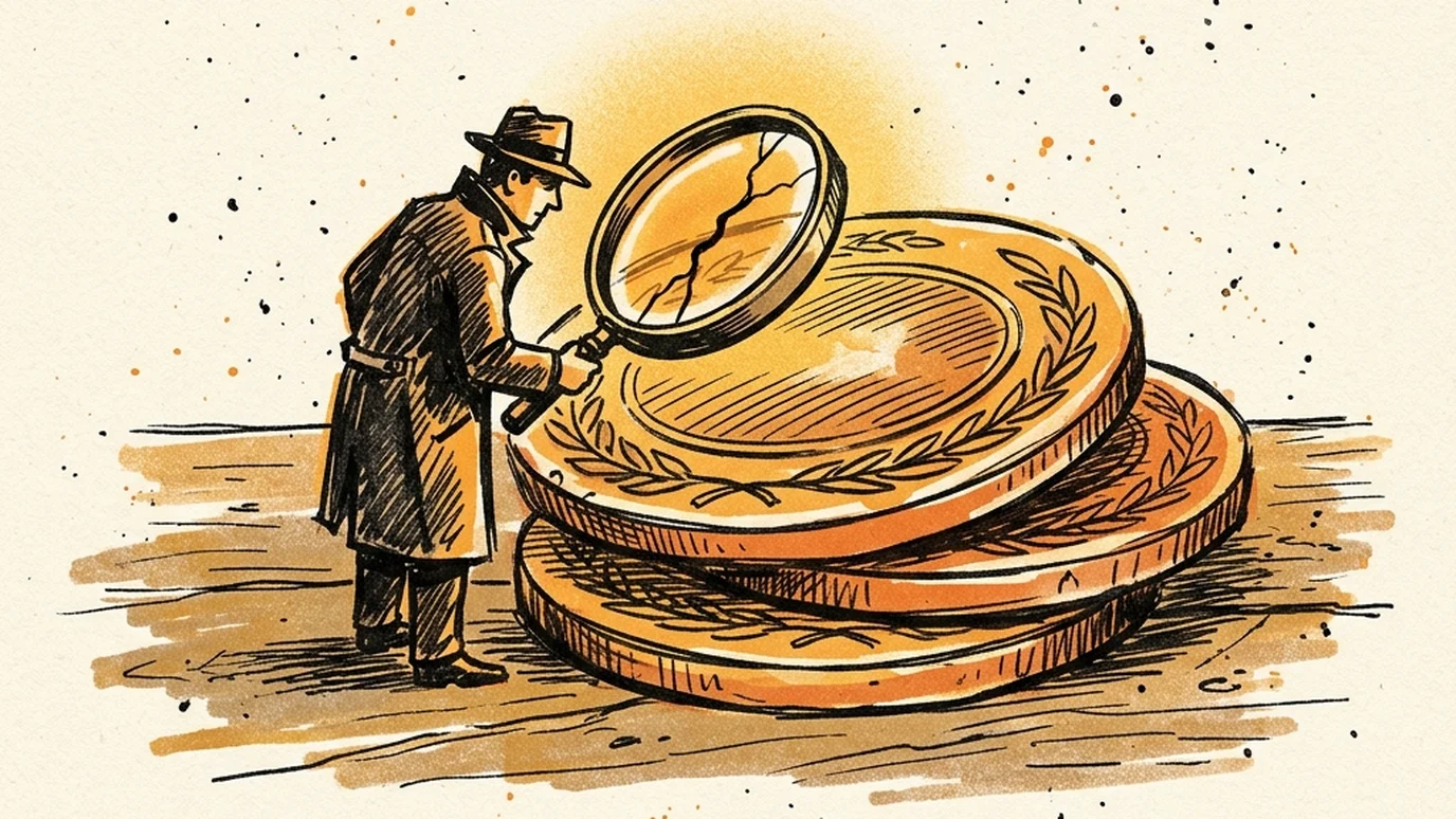 A detective examines a crack in one of a stack of certification medallions with a magnifying glass, checking which agency badges are actually worth trusting -- risograph-style illustration