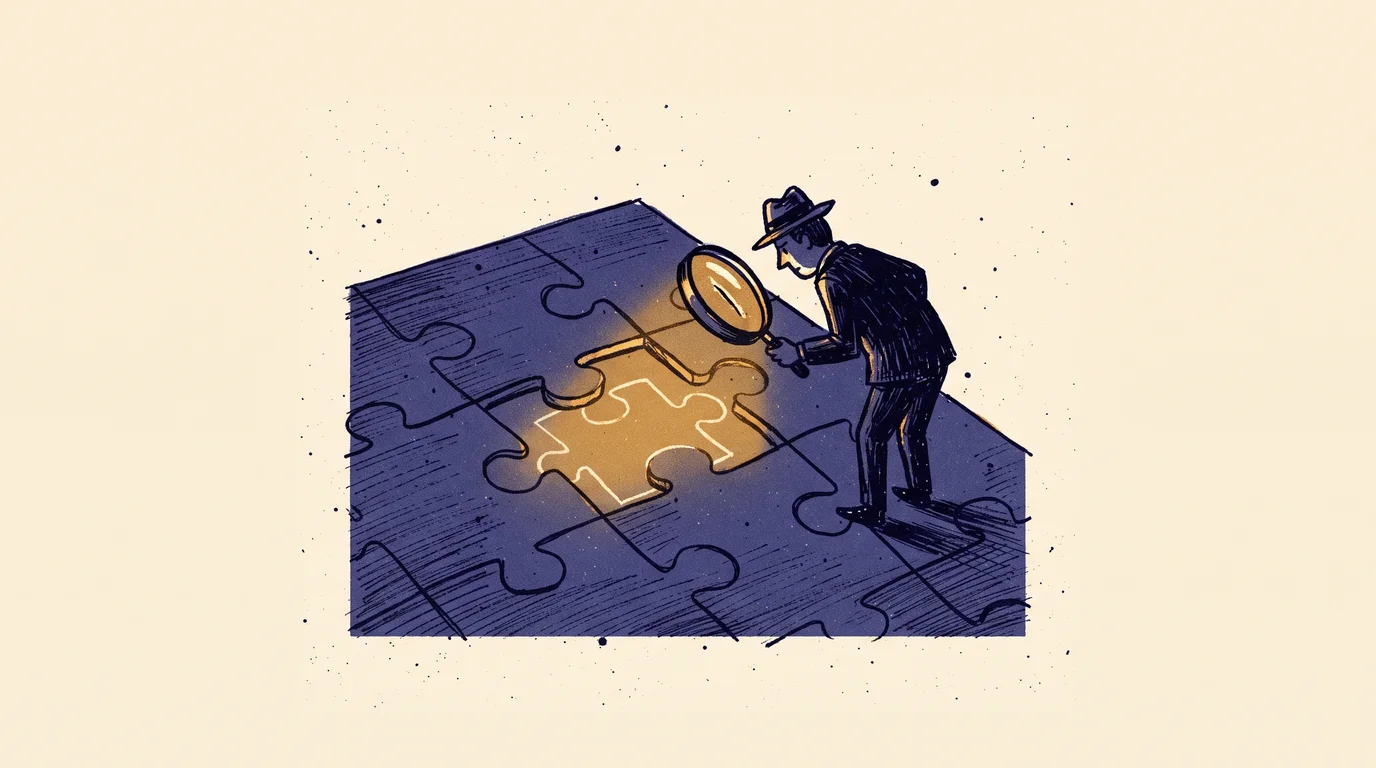 A detective with a magnifying glass leans over a jigsaw puzzle missing one piece — a faint chalk outline glows in the empty gap, risograph-style illustration of modeling filling in missing conversions