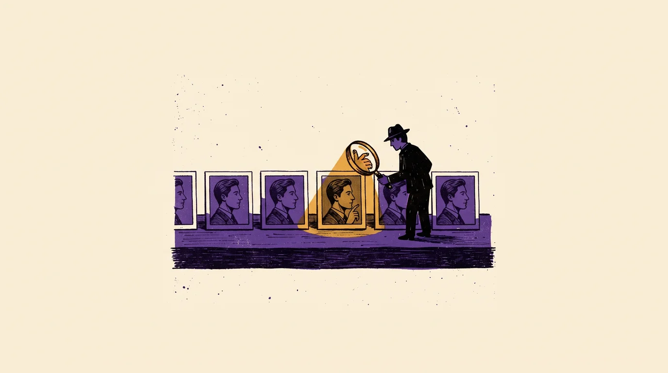 A detective with a magnifying glass examines a row of identical generated portraits, one with a mismatched hand — risograph-style illustration of AI creative quality control