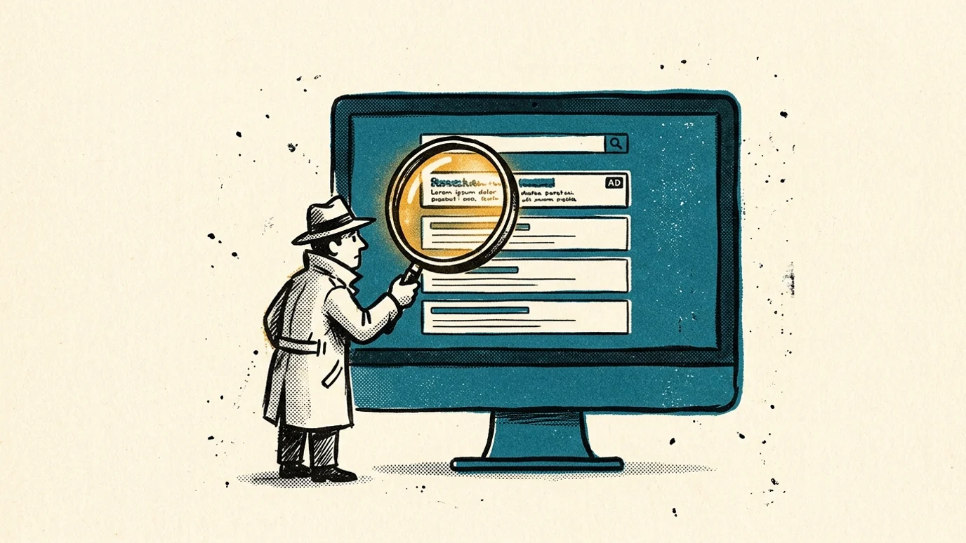 A detective with a magnifier examines a search results page with a single paid slot — a less crowded auction, risograph-style illustration