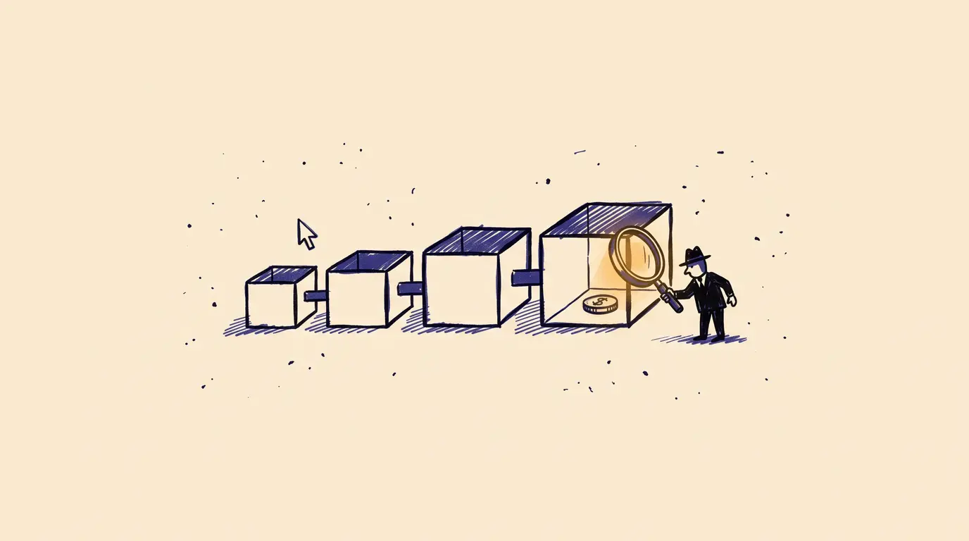 A magnifying glass over the last of four connected sales pipeline boxes with a coin inside, next to a mouse cursor above the first box