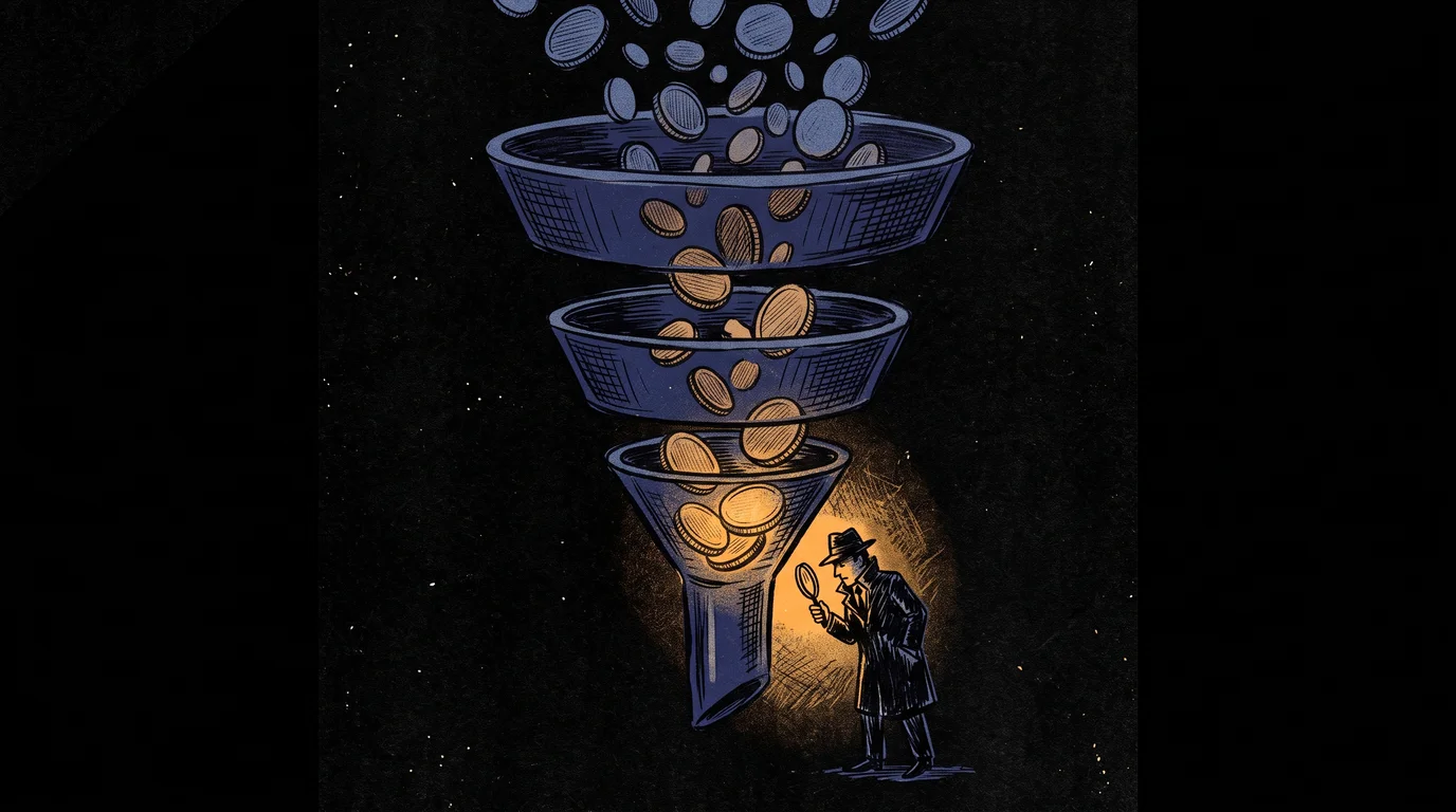 A detective with a magnifying glass examines a funnel with coins of different sizes flowing through its tiers — lead cost grows and shifts as it moves through the MQL, SQL, and customer stages, risograph-style illustration