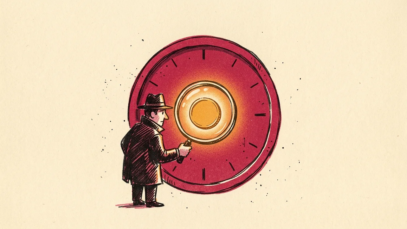 A detective with a magnifying glass examines a round skip-ad countdown dial, a hidden coin glowing inside it — the cost of a YouTube ad hidden inside the time a viewer has to watch before they can skip it, risograph-style illustration