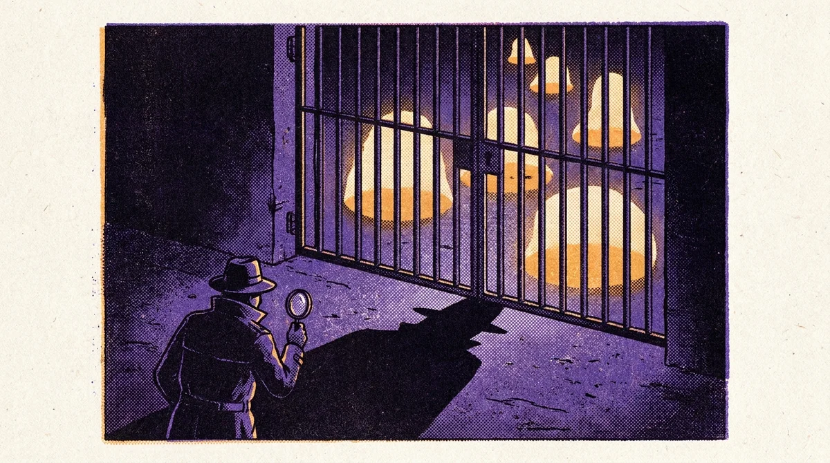 Detektyw z lupą zagląda przez kraty na świecące dymki czatu zamknięte za nimi — ilustracja w stylu risografii do artykułu o reklamie w ChatGPT