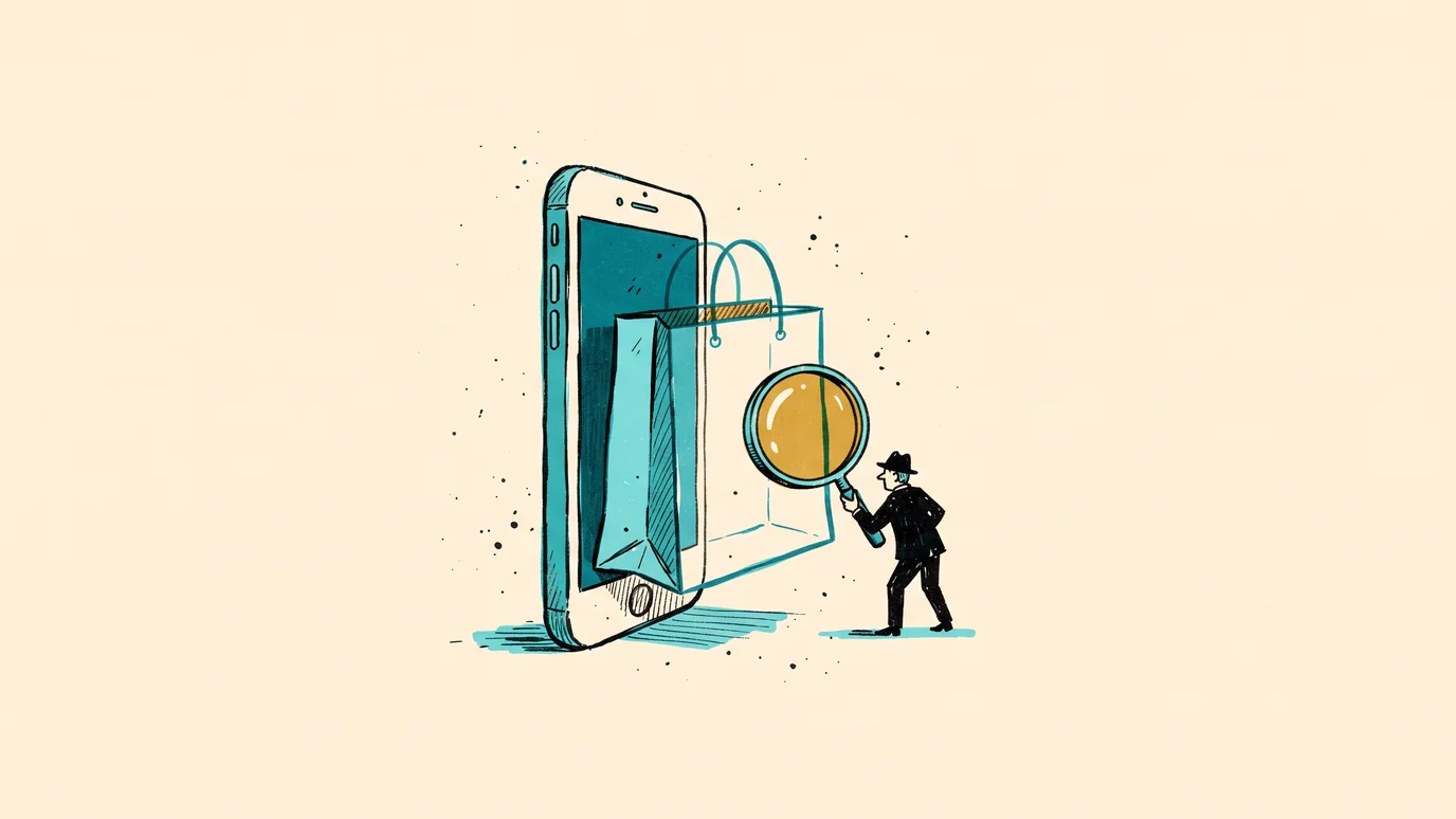 Ilustracja: mały detektyw z lupą bada torbę zakupową wysuwającą się z ekranu telefonu — część torby jest przezroczysta, co pokazuje, że sprzedaż przypisana kampanii jest częściowo pozorna