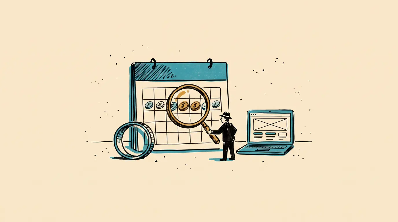 A magnifying glass over a calendar with repeating coins, next to a laptop with a simple website, pointing at the yearly cost of running a site